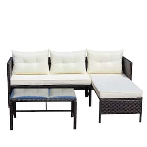 3-Piece Wicker Outdoor Patio Furniture Set, Sectional Set Clear Tempered Glass Coffee Table with Beige Seat Cushions