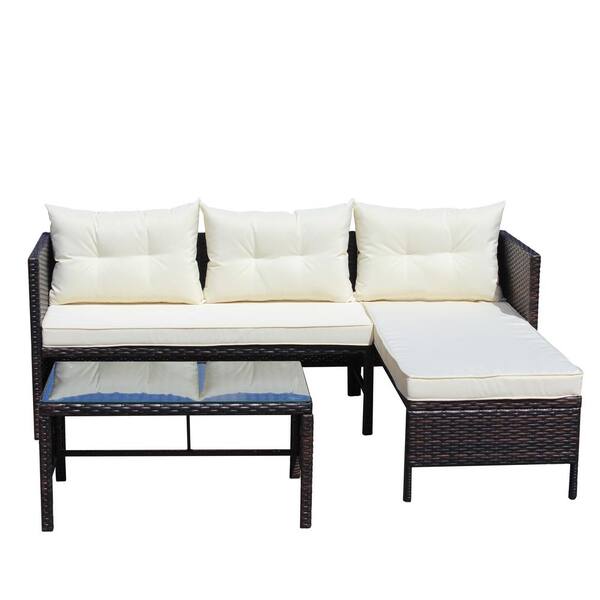 Unbranded 3-Piece Wicker Outdoor Patio Furniture Set, Sectional Set Clear Tempered Glass Coffee Table with Beige Seat Cushions