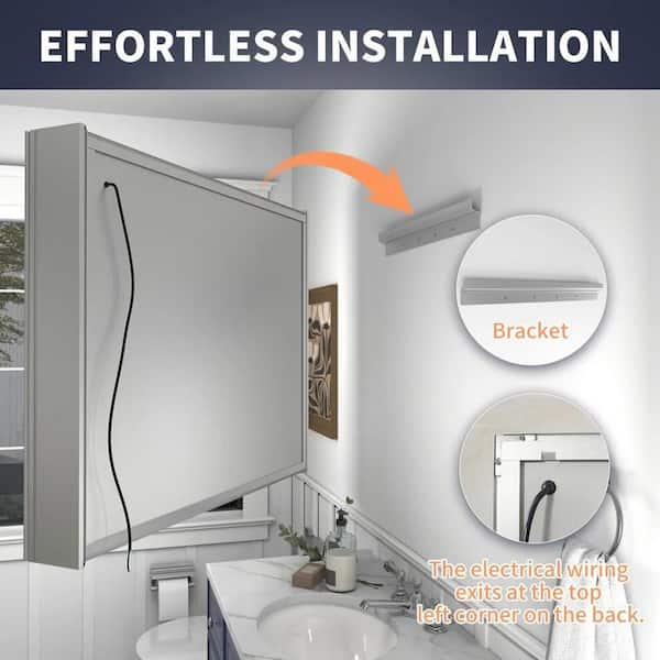 60 in. W x 32 in. H Rectangular Silver Aluminum Recessed/Surface Mount Medicine Cabinet with Mirror, LED and Clock 60 in. W x 32 in. H Rectangular Silver Aluminum Recessed/Surface Mount Medicine Cabinet with Mirror, LED and Clock