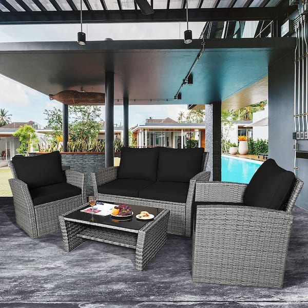 4-Piece Wicker Patio Conversation Set with Black Cushions