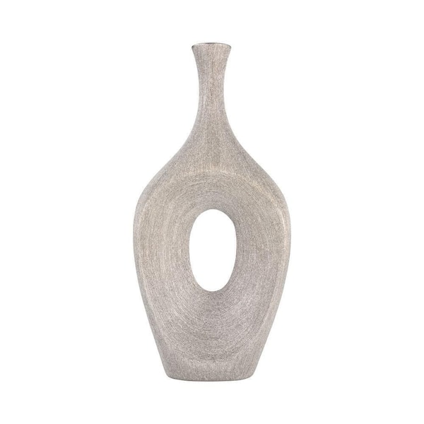 Liv & Skye 19 in. Silver Stoneware Beaded Open Cut Oval Decorative Vase