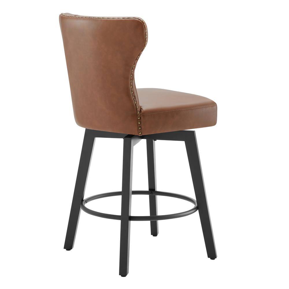 Brown Faux Leather Swivel Counter Height Bar Stools with Wood Frame, Set of 2