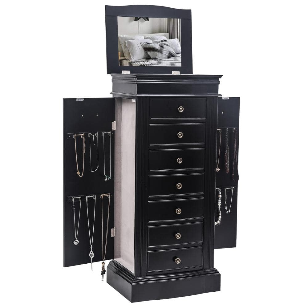 Black MDF Freestanding Jewelry Armoire with Mirror and 7 Drawers