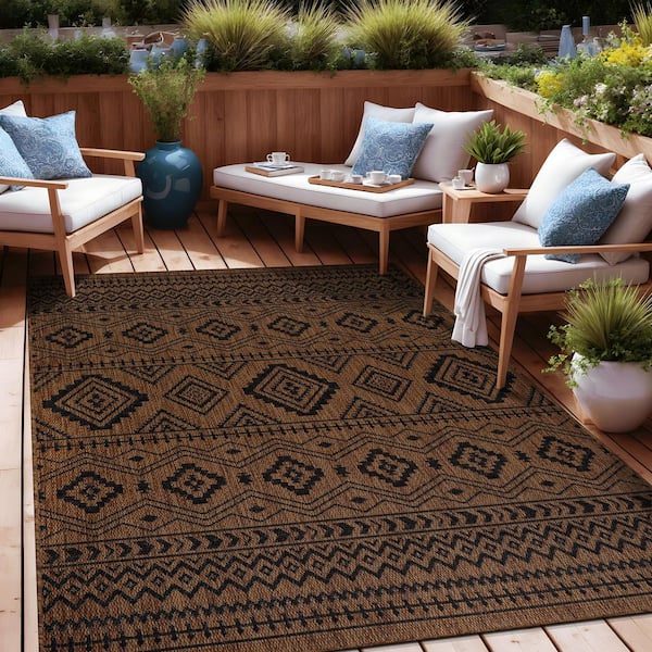 Waikiki Gold/Black 6 ft. x 9 ft. Moroccan Geometric Washable Modern Indoor Outdoor Area Rug