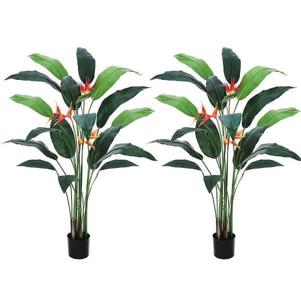 2-Pack 7 ft. Artificial Bird of Paradise Plant in Pot, Artificial Palm Tree with 17-Trunks Faux Leaves and 3-Flowers