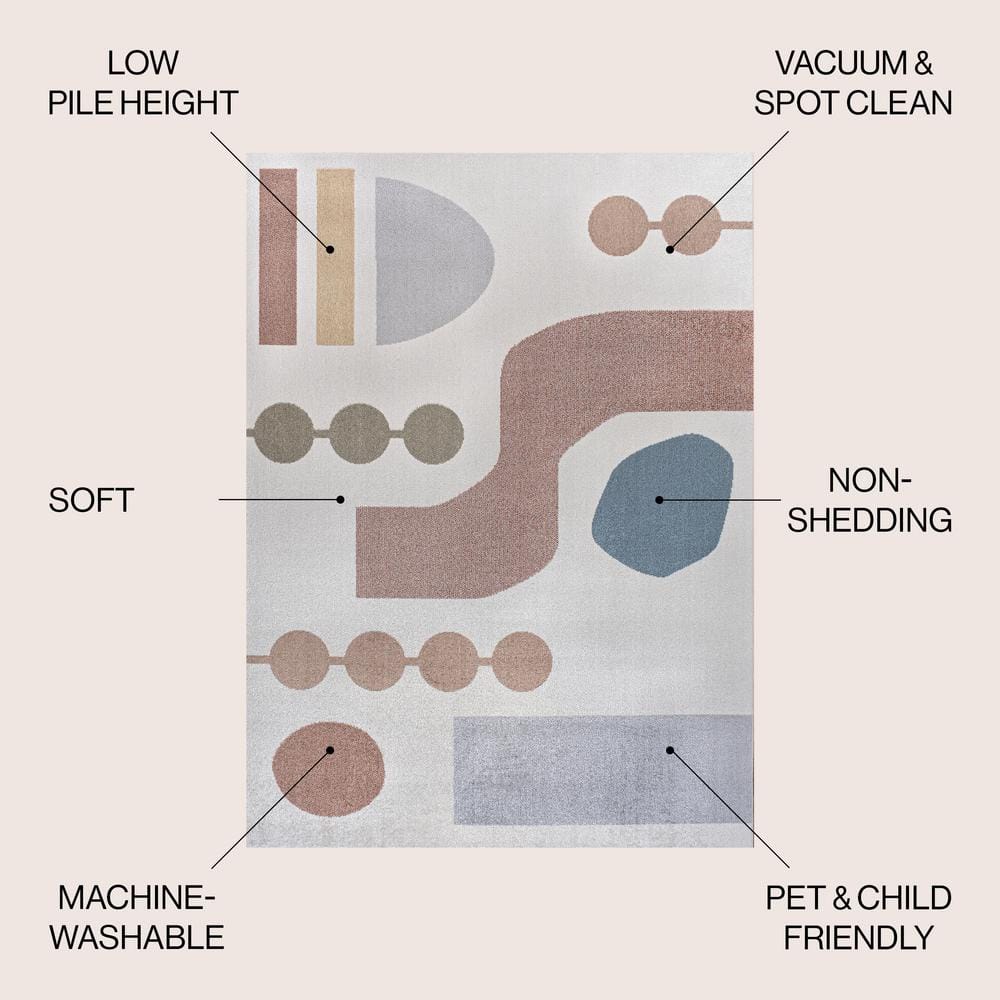 Cream and Multi Abstract Washable Kids Area Rug 4' x 6'