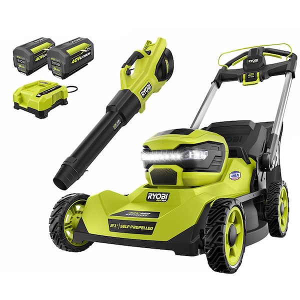 RYOBI 40V HP Brushless 21 in. Cordless Battery Walk Behind Self Propelled Lawn Mower Blower 2 6.0 Ah Batteries and Charger RY401140 2X