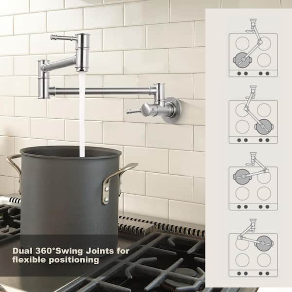 Wall Mounted Folding Pot Filler with Double-Handle Stretchable Kitchen Faucet in Brushed Nickel