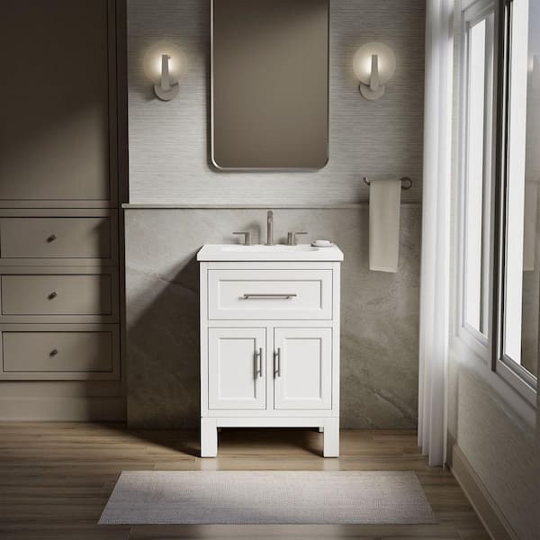 Quo 25in. Single Sink Freestanding White Bath Vanity with White Quartz Top Assembled