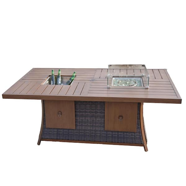 Sunny Brown Frame Rectangle Wicker Outdoor Dinning Fire Pit Table