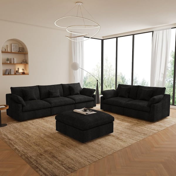 196 in. W Square Arm Linen Upholstered Rectangle 5-Seater Sectional Sofa with Ottoman in Black