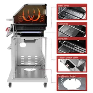 Deluxe Stainless Steel 5-Burner Gas Grill with Rotisserie Kit, Sear Burner, Side Burner, 64000 BTU Cabinet Style, Silver