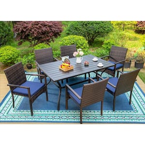 Black 8-Piece Metal Patio Outdoor Dining Set with Rectangle Slat Table, Umbrella and Rattan Chair with Blue Cushion