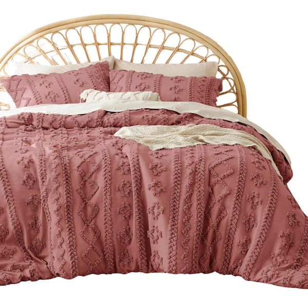 3 Pieces Grayish Pink Cotton Tufted Boho Comforter Set Queen Size Shabby Chic Embroidery Bedding for All Seasons