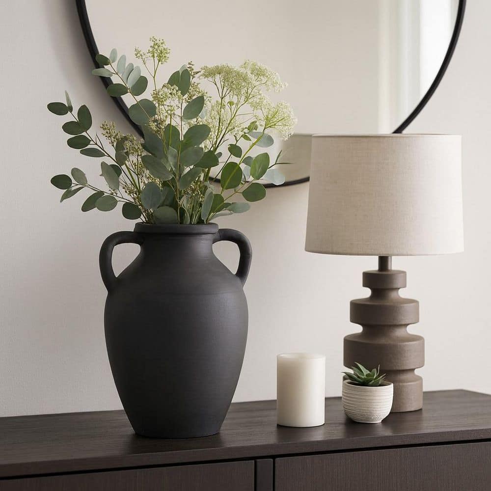 Liv & Skye 13 in. Black Terra Cotta Amphora Decorative Vase with