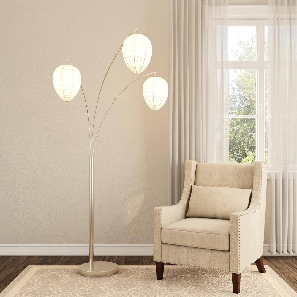 Zen-Inspired White Beehive Arc Floor Lamp with Chrome Accents