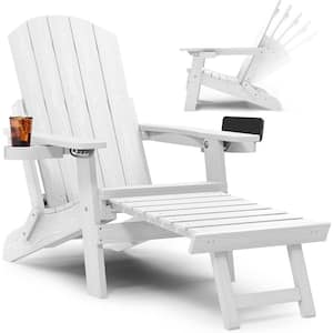 White Outdoor Weather Resistant Folding Adirondack Chair with Integrated Pullout Ottoman and Cup Holder