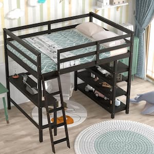 Espresso Full Loft Bed with Bookshelves and Desk Sturdy Wooden Kids Loft Bed Frame with Ladder Wood Kids Loft Bed