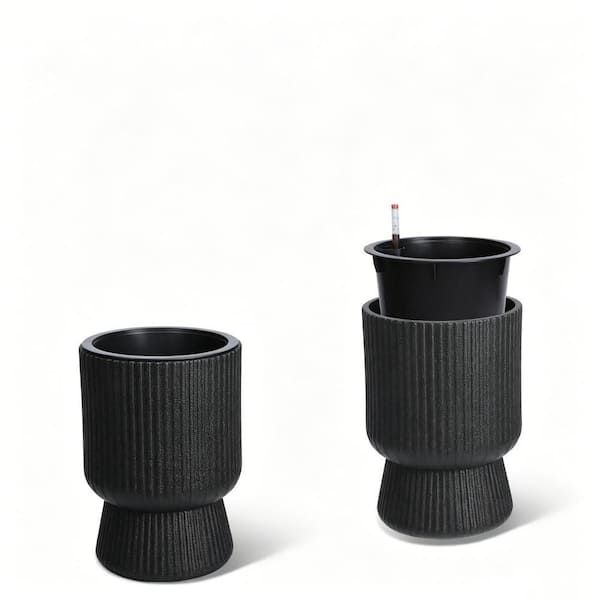 14 in. Self Watering Plastic Plant Pots with Drainage Holes, Water Level Monitor, Freeze-Proof UV Material Black, 2-Pack