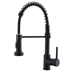 Single-Handle Spring Spout Pull Out Sprayer Kitchen Faucet with Deck Mount in Matte Black
