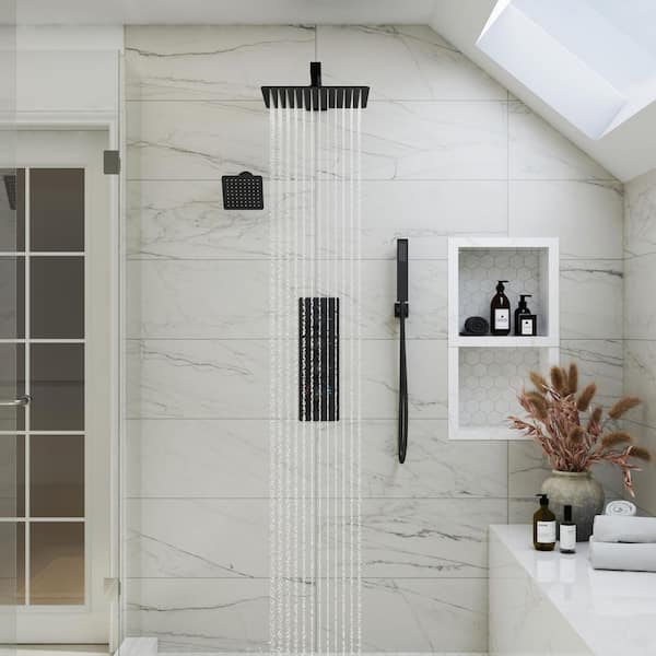 3-Spray 12 in. Wall Mount Rain Shower Faucet Dual Shower Head in Matte Black