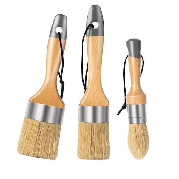3 Pcs Wood Natural Bristles 8.6 in. x 2.4 in. Chalk Wax Paint Brush 1 Small Round Brush and 2 Large Oval Brushes