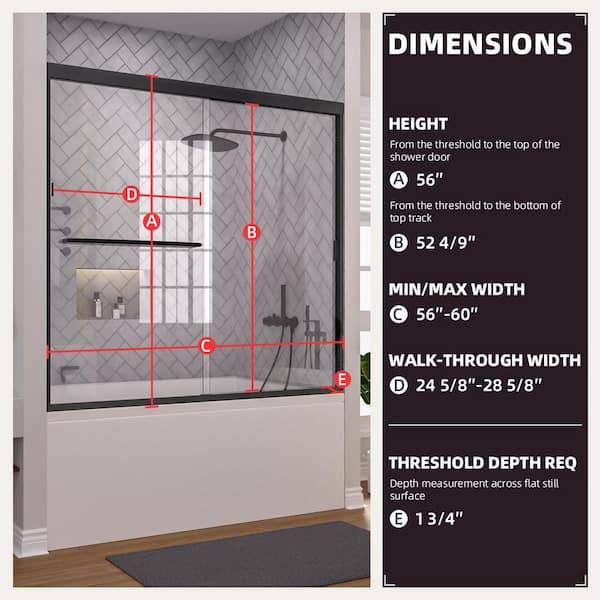 Breeze 60 in. W x 56 in. H Sliding Semi Frameless Tub Door in Matte Black Finish with Clear Glass