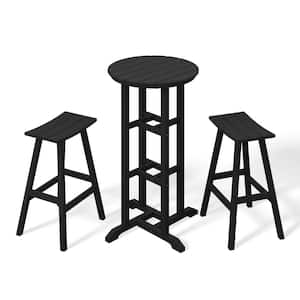 Laguna 3-Piece HDPE Weather Resistant Outdoor Patio Bar Height Bistro Set with Saddle Seat Barstools, Black