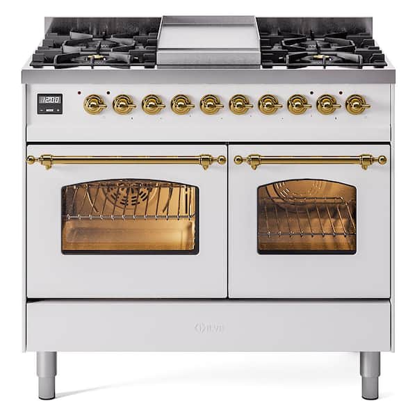 ILVE Nostalgie II 40 in. 6 Burner Freestanding Double Oven Dual Fuel Range in White with Brass