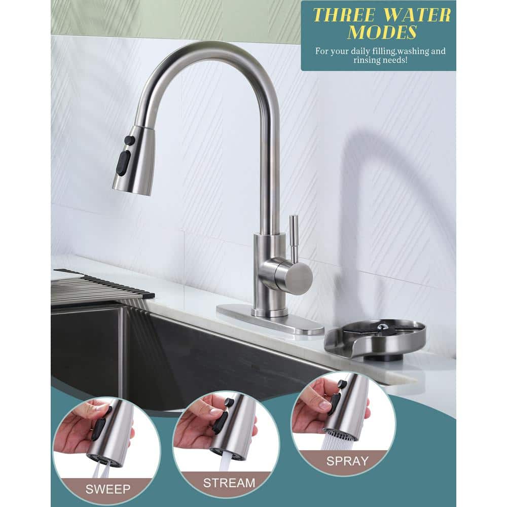 Brushed Nickel Pull Down Kitchen Faucet with Glass Rinser