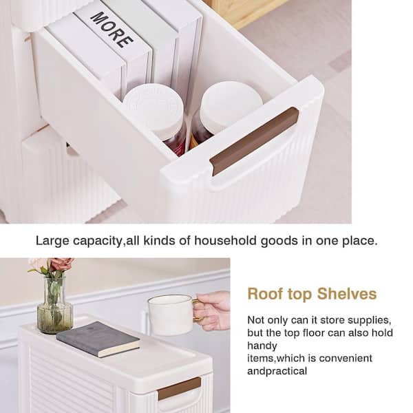 Narrow Bathroom Storage Cabinet with 5-Drawers, Slim Rolling Accent Storage Organizer with Wheels, White