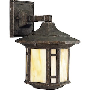 Arts And Crafts Collection 1-Light Weathered Bronze Honey Art Glass Craftsman Outdoor Small Wall Lantern Light