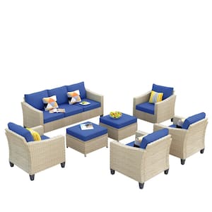 Oconee Beige 7-Piece Beautiful Outdoor Patio Conversation Sofa Seating Set with Navy Blue Cushions