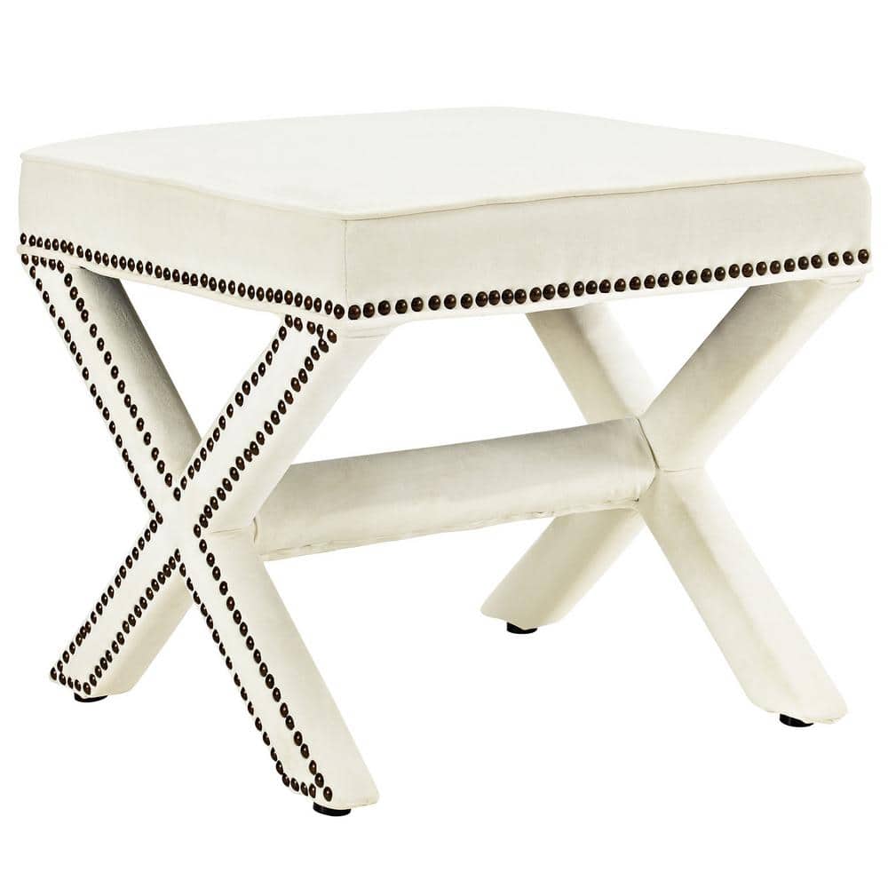 Elegant Ivory Velvety Polyester Nailhead Trim Bench