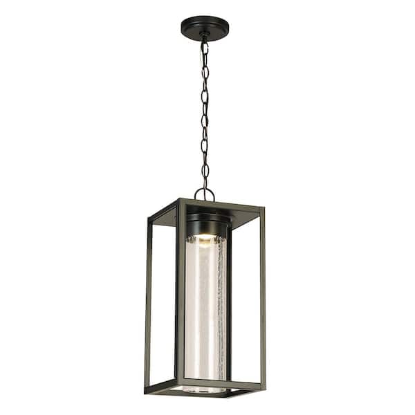 Eglo Walker Hill 9.37 in. W x 20.63 in. H 1-Light Matte Black Integrated LED Outdoor Pendant Light with Clear Seedy Glass