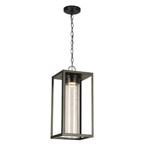 Walker Hill 9.37 in. W x 20.63 in. H 1-Light Matte Black Integrated LED Outdoor Pendant Light with Clear Seedy Glass