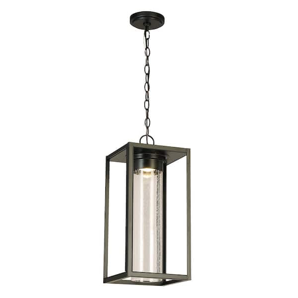 Eglo Walker Hill 9.37 in. W x 20.63 in. H 1-Light Matte Black Integrated LED Outdoor Pendant Light with Clear Seedy Glass