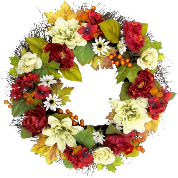 Fraser Hill Farm 24 in. Artificial Spring Wreath with Peony, Hydrangea and Dahlia Blooms