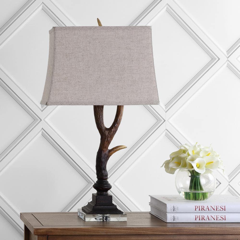 Rustic Brown Resin Antler Table Lamp with Linen Shade