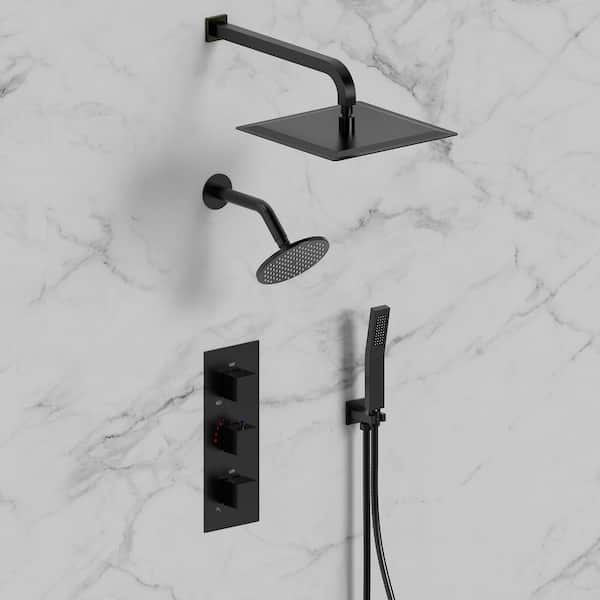 GRANDJOY ZenithRain Shower System 5-Spray 12 and 6 in. Dual Wall Mount Fixed and Handheld Shower Head 2.5 GPM in Matte Black