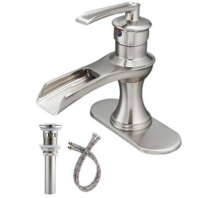Waterfall Single Hole Single-Handle Low-Arc Bathroom Faucet With Drain Assembly in Brushed Nickel