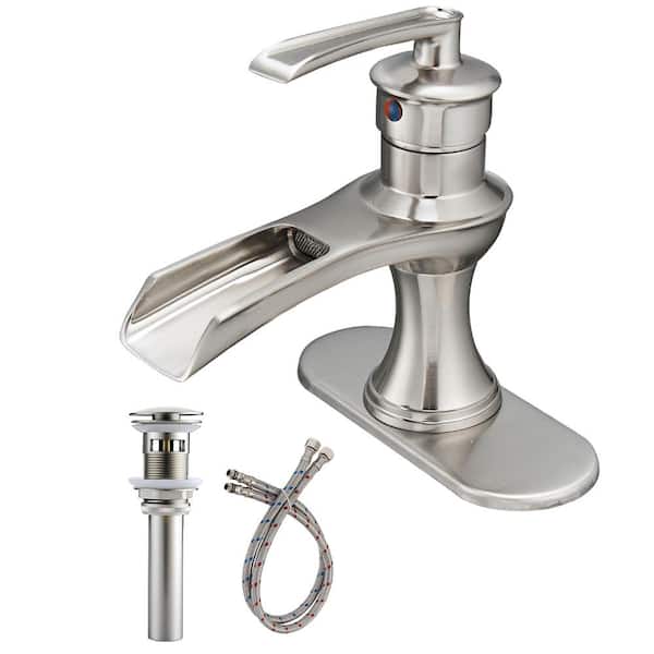 BWE Brushed Nickel Waterfall Single Handle One Hole Bathroom faucet Cover Drain 