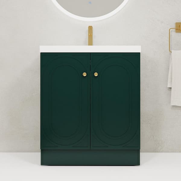 30 in. Single Sink Freestanding Green Bath Vanity with White Resin Top, Adjustable Shelf, 2 Soft-Close Cabinet Doors