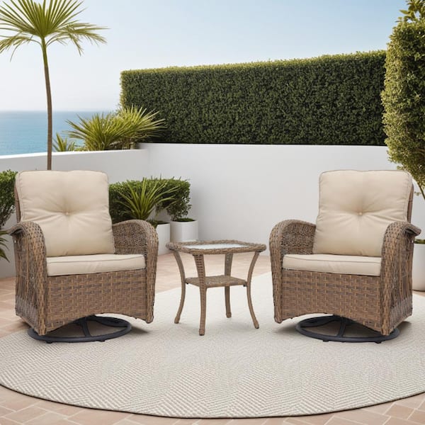 Maypex Light Brown 3-Piece Wicker Swivel Patio Conversation Set with Beige Cushions