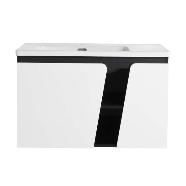 FUNKOL 32 in. W x 20 in. D x 20 in. H Single Sink Wall Mounted Bath Vanity in Black+White with White Ceramic Top