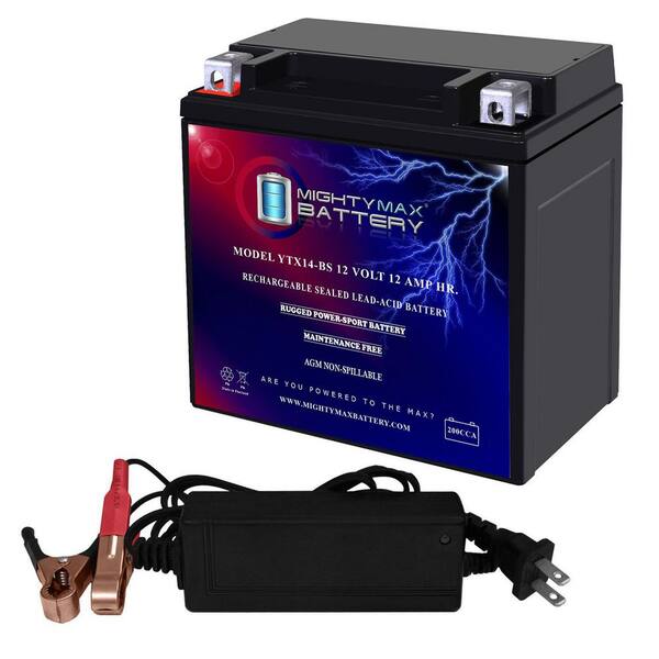 MIGHTY MAX BATTERY YTX14-BS 12-Volt 12Ah Battery for Kawasaki KLR650 EX500 Plus 12-Volt 2Amp Charger