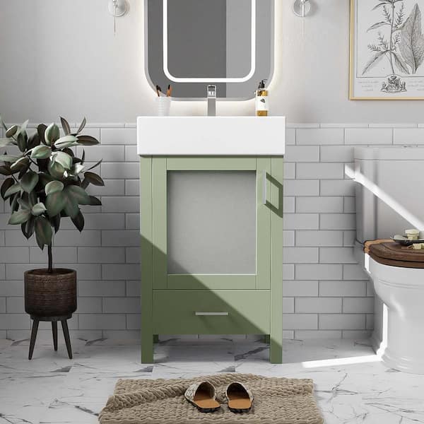 20 in. W Freestanding Bath Vanity in Green with White Ceramic Top, 1 Soft Closing Door and 1-Drawer