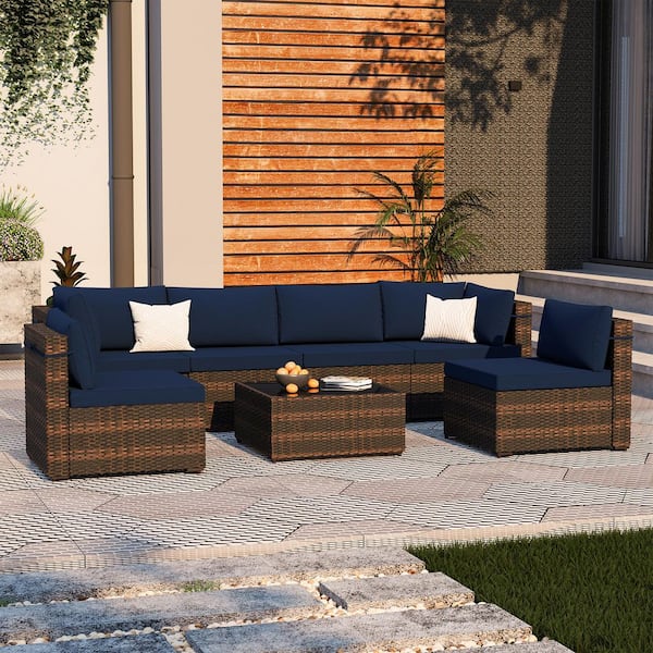 7-Piece Wicker Patio Conversation Sectional Seating Set with Coffee Table for Deck, Backyard, Lawn, Navyblue