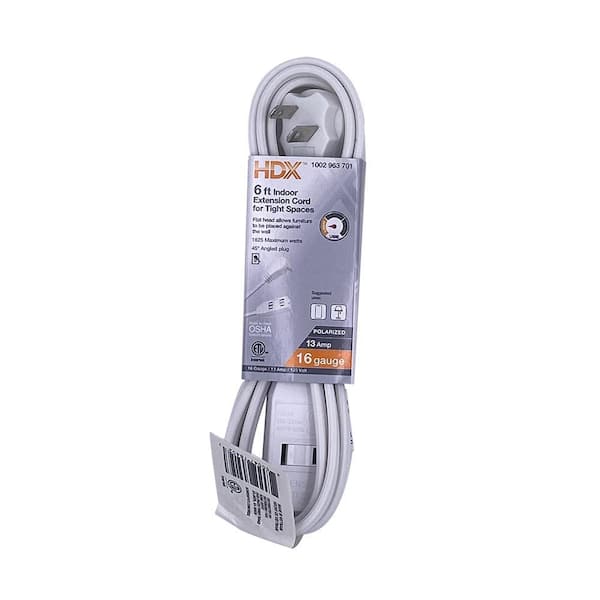 HDX 6 ft. 16/2 Light Duty Indoor Tight Space Extension Cord, White