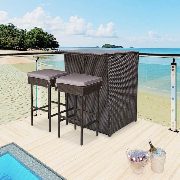 Brown 3-Piece Rattan Wicker Outdoor Serving Bar Set with Off White and Gray Cushion and Tempered Glass Table Top